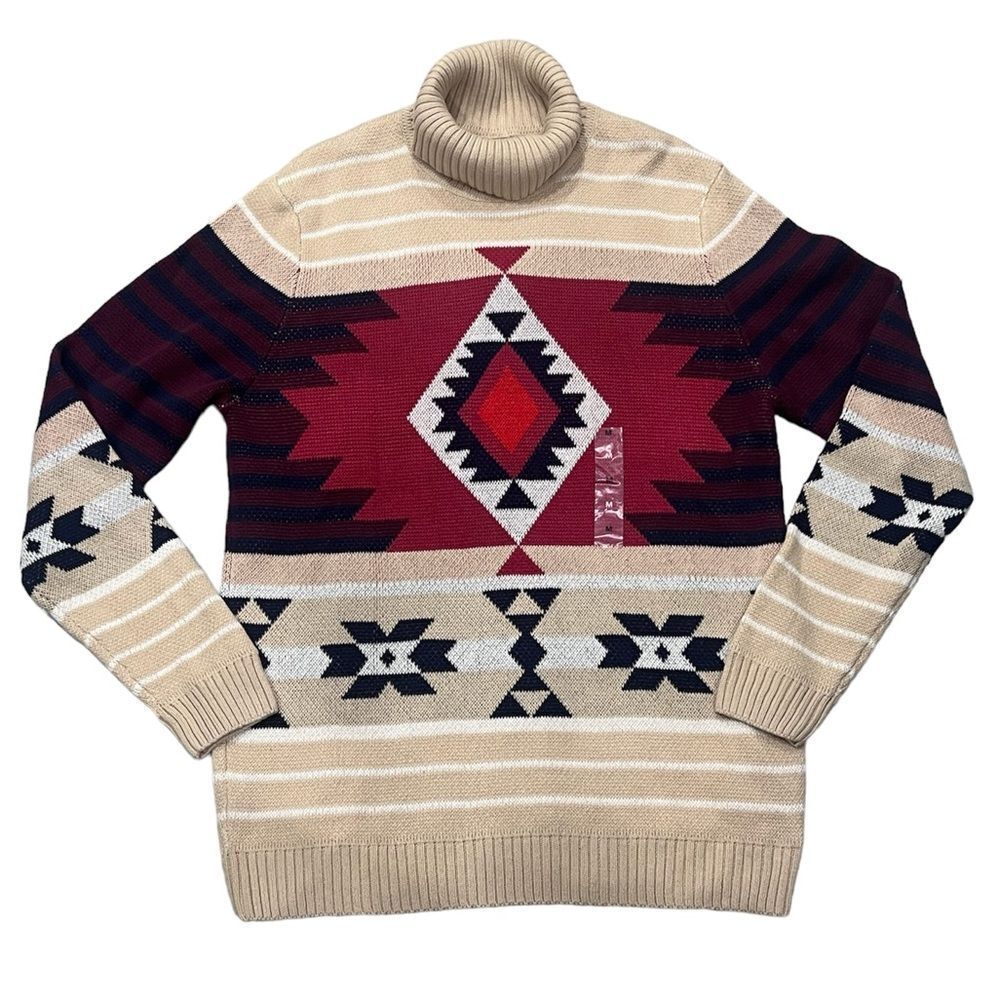 Unisex Aztec Tribal Fair Isle Turtleneck Beige Pullover Sweater - Picture 2 of 9